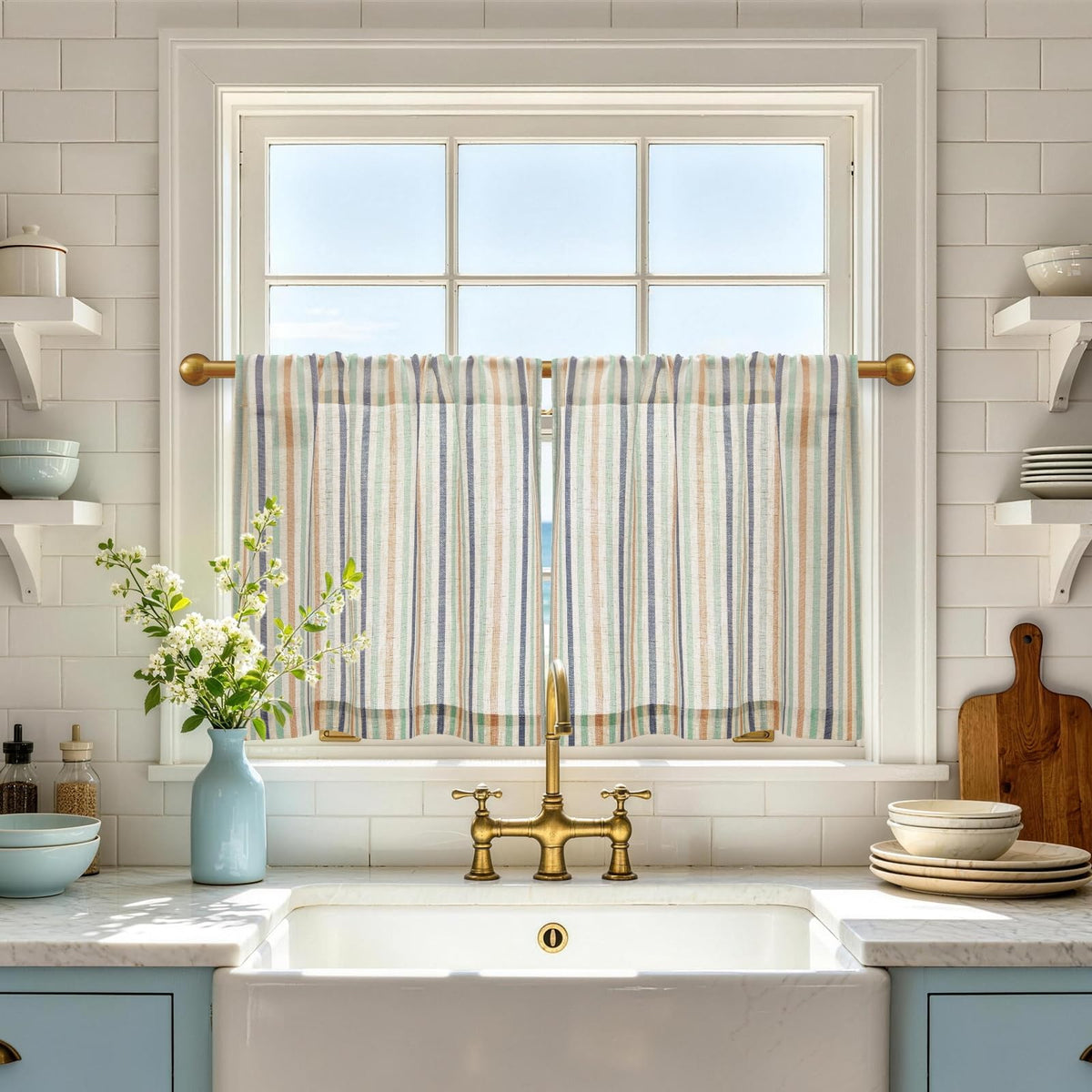 jinchan Striped Linen Kitchen Tier Curtains, 20 Inch, Tan, 2 Panels