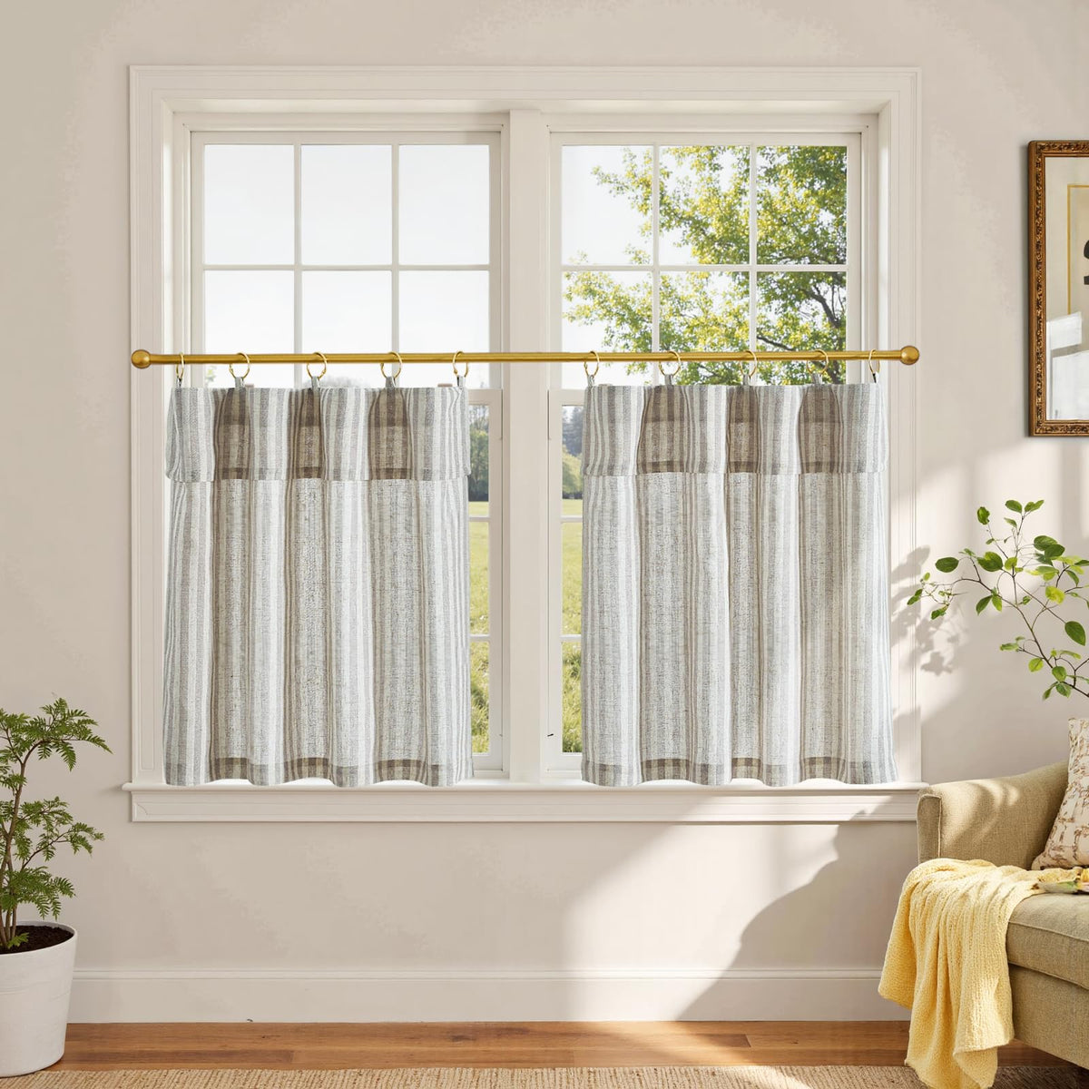 jinchan Striped Linen Kitchen Tier Curtains, 20 Inch, Tan, 2 Panels