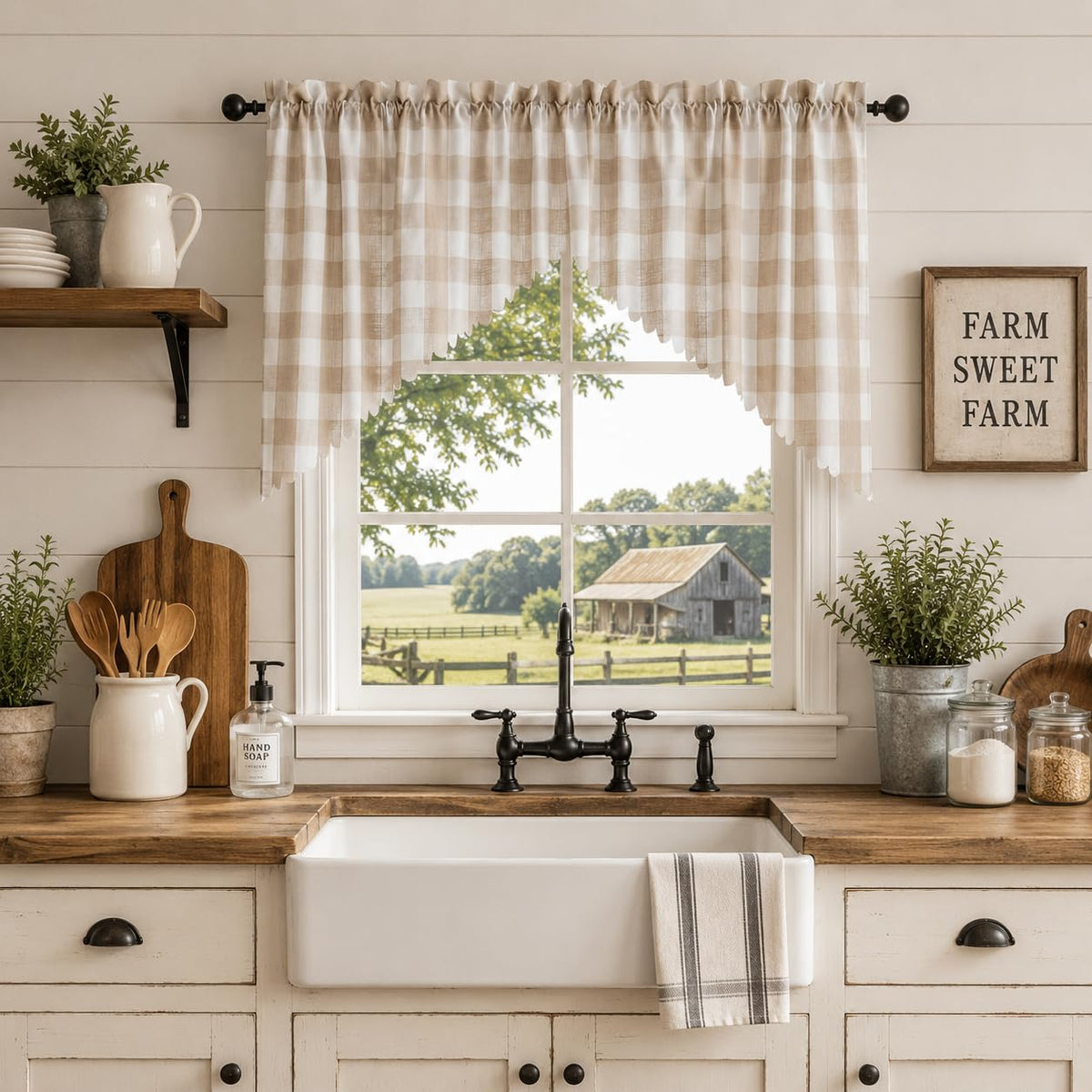 Beda Home Buffalo Check Swag Valance for Kitchen, Coffee/White, 52 x 18 in