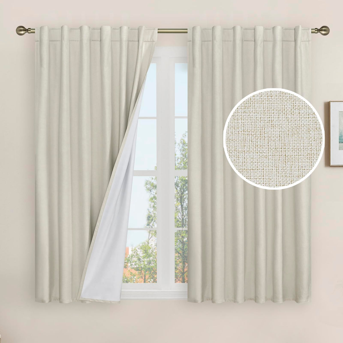 LAMIT Full Blackout Linen Kitchen Window Curtains 36 Inches Long, Ivory