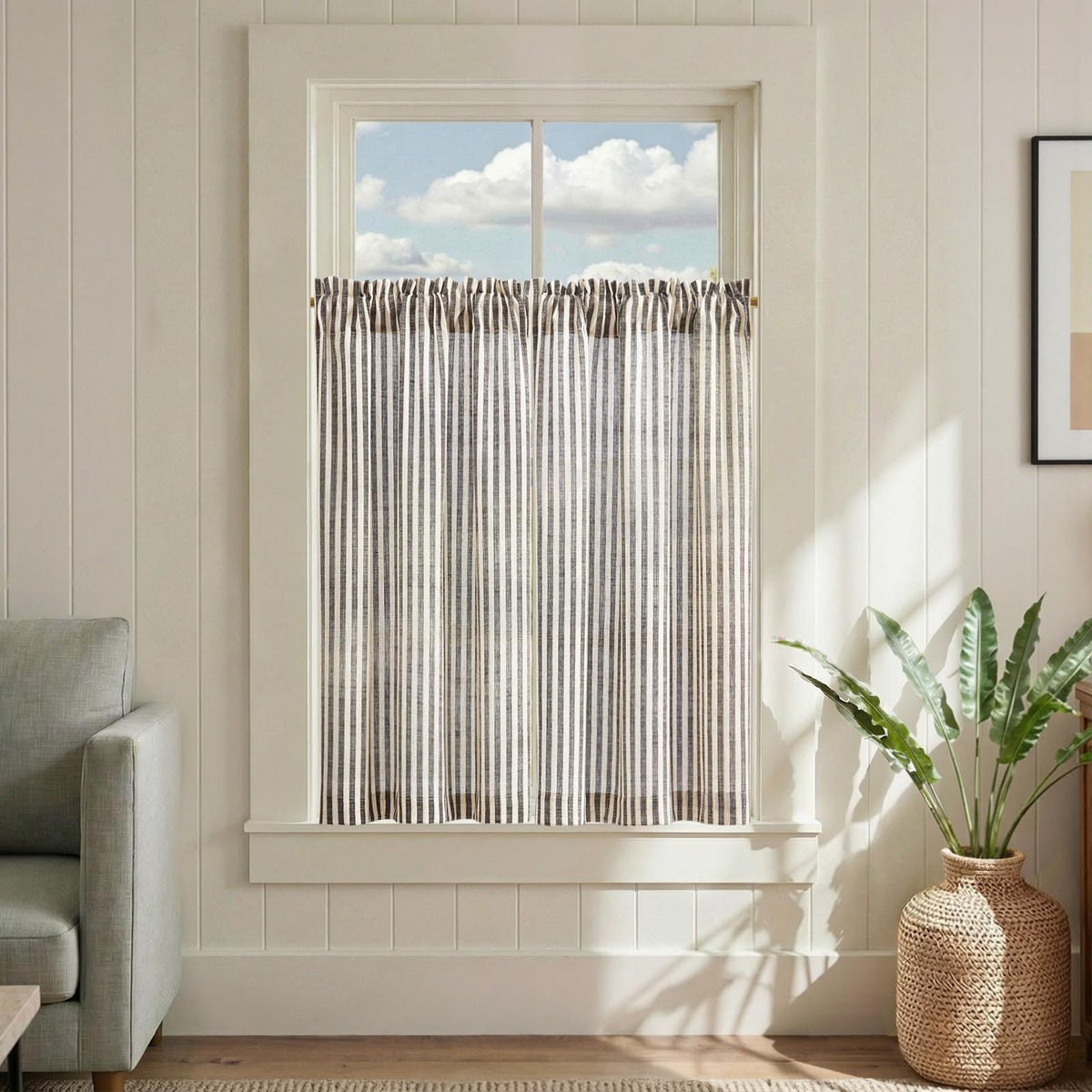 jinchan Striped Linen Kitchen Tier Curtains, 20 Inch, Tan, 2 Panels