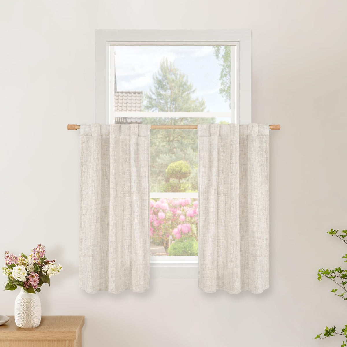 BGment White Linen Kitchen Curtains 40 Inch Length for Short Window