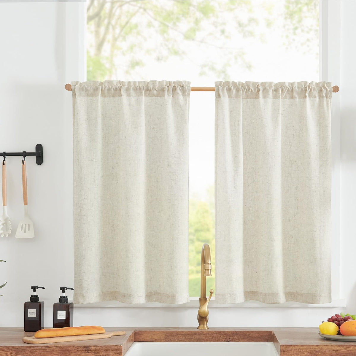 jinchan Linen Blend Kitchen Tier Curtains, 24 Inch, White, 2 Panels