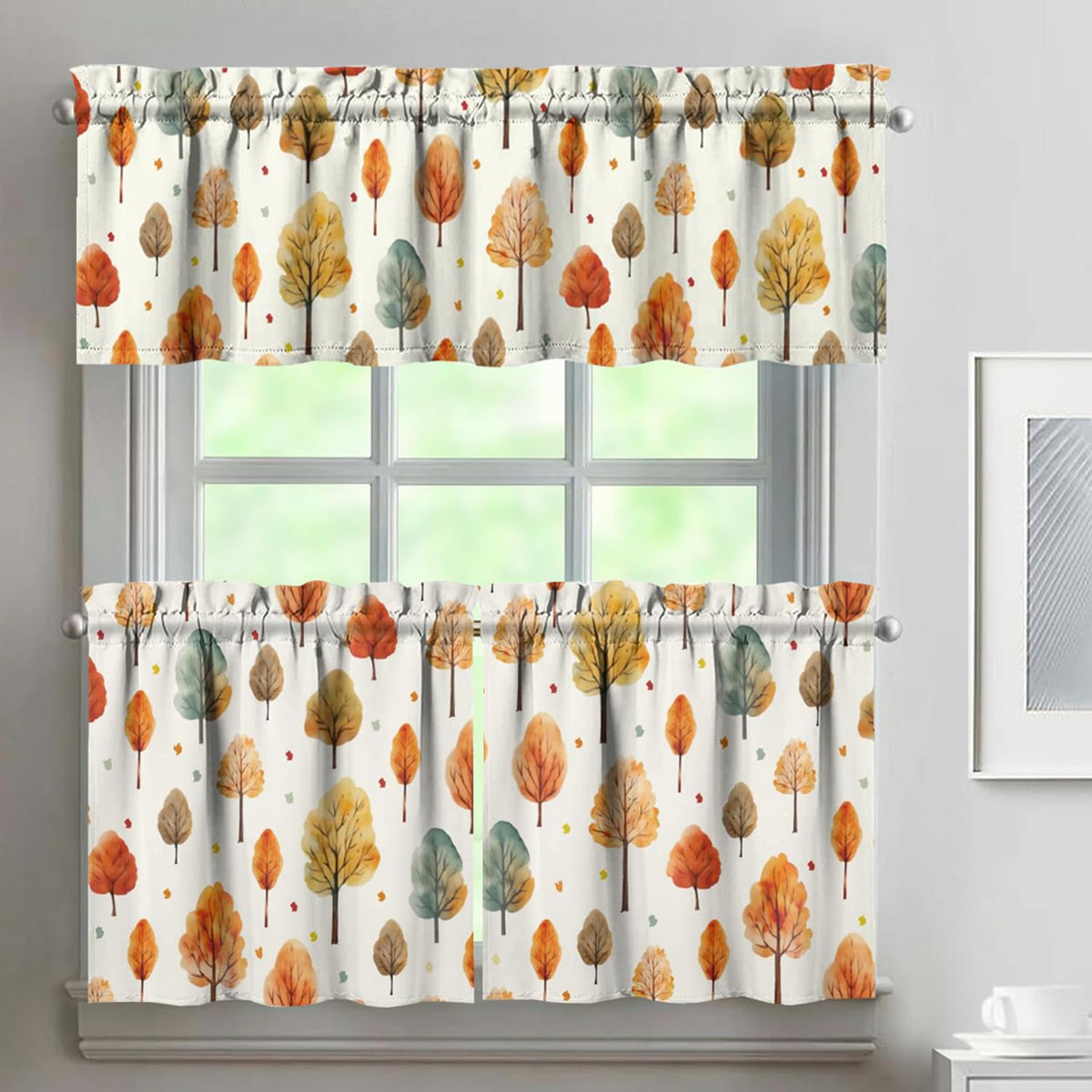 Sage Kitchen Curtain Valance 3 Piece Set, Sage Leaf Floral Kitchen Decor for Home Interior, Farmhouse Style Sink Window Curtains 36 Inch