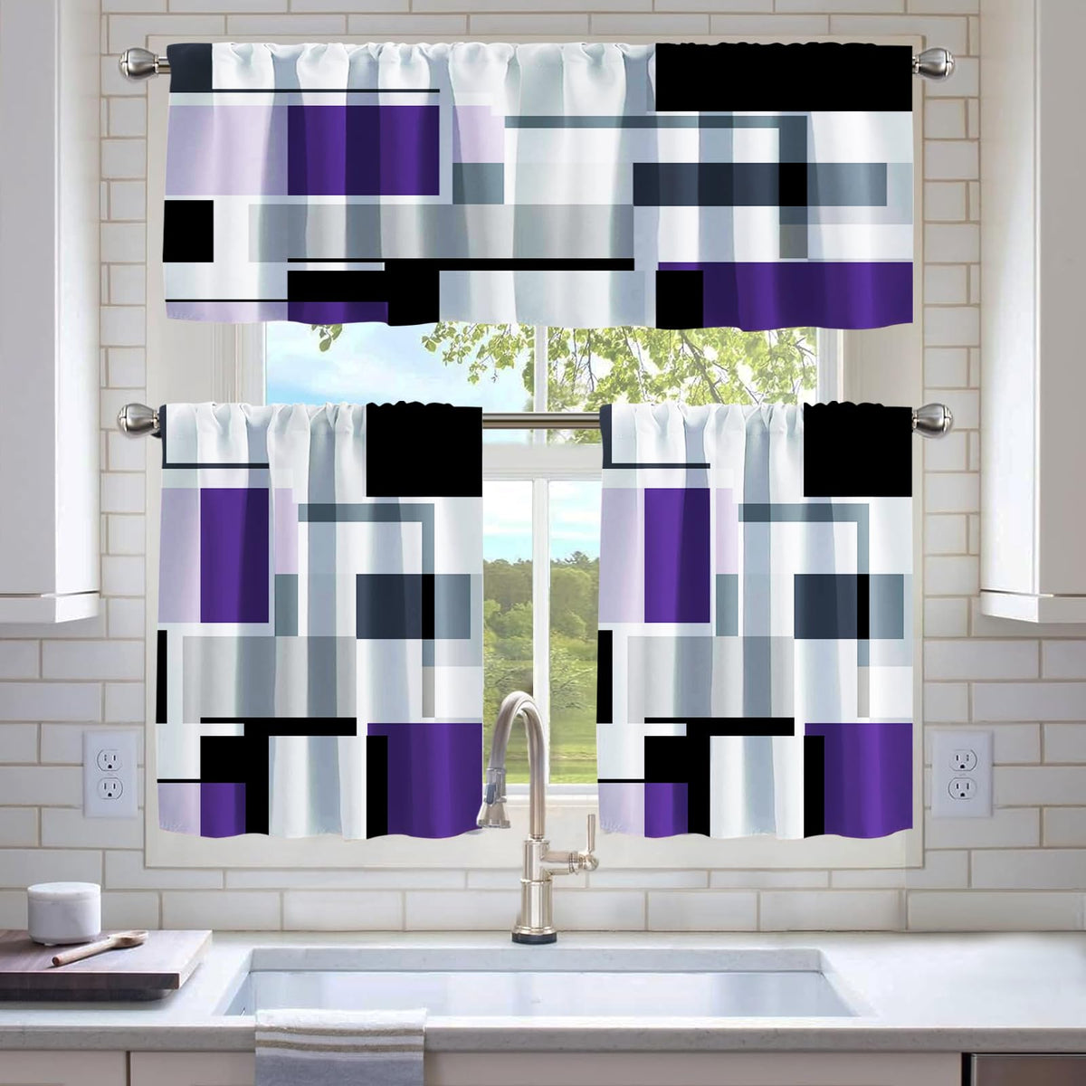 Kitchen Curtains Sets for Windows,52x36 Inch 3 Piece,Green Marble
