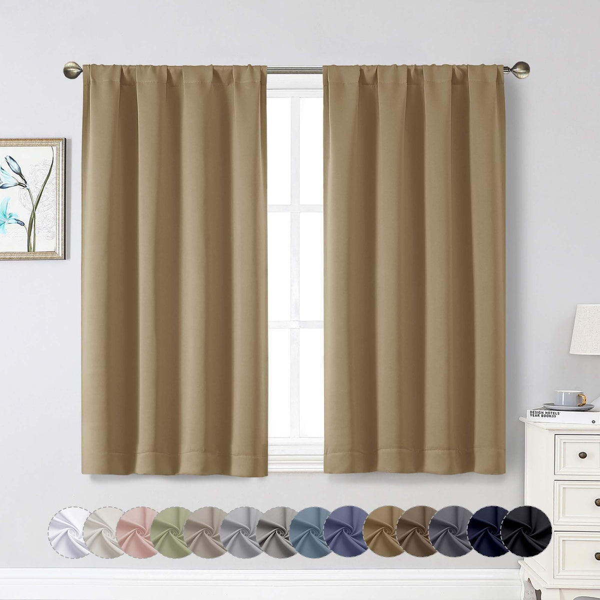 Black Cafe Blackout Curtains 36 Inch Length 2 Panels Set, Soft Solid Thermal Insulated Room Darkening Small Window Curtains for Kitchen Bathroom Basement, Black, Each, 40" Wx36 L