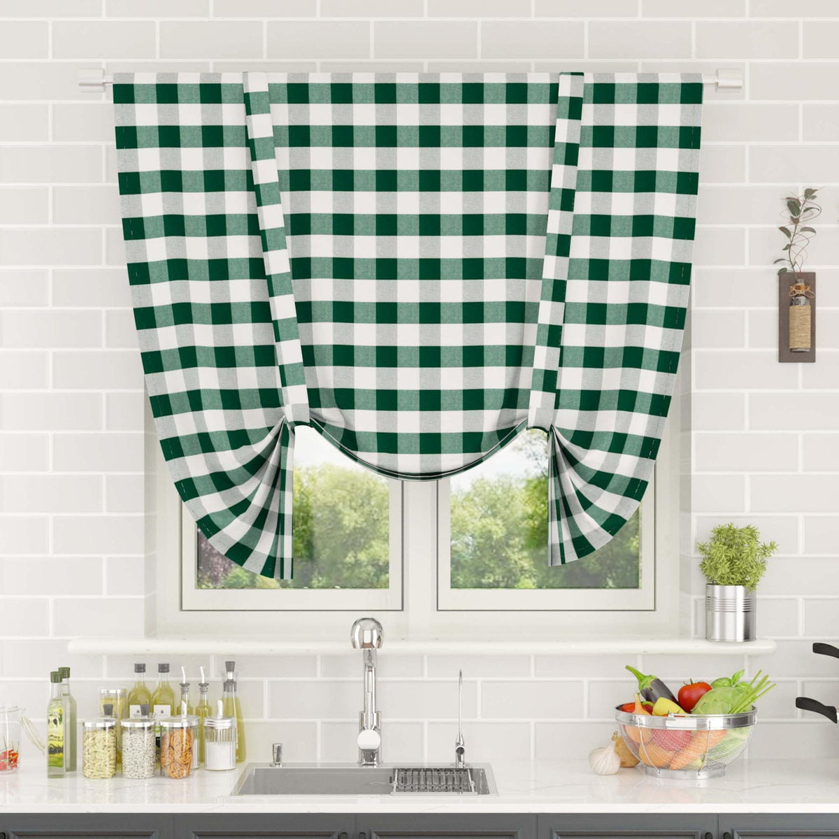 Buffalo Check Kitchen Tier Curtain 24 inches Long Plaid Gingham Rod Pocket Classic Cafe Curtains Country Farmhouse Kitchen Half Window Curtains 2 Panels Beige & White
