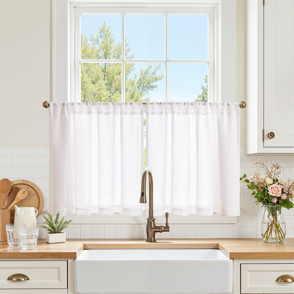 jinchan Linen Pinch Pleated Back Tab Tier Curtains, 26x24, Natural