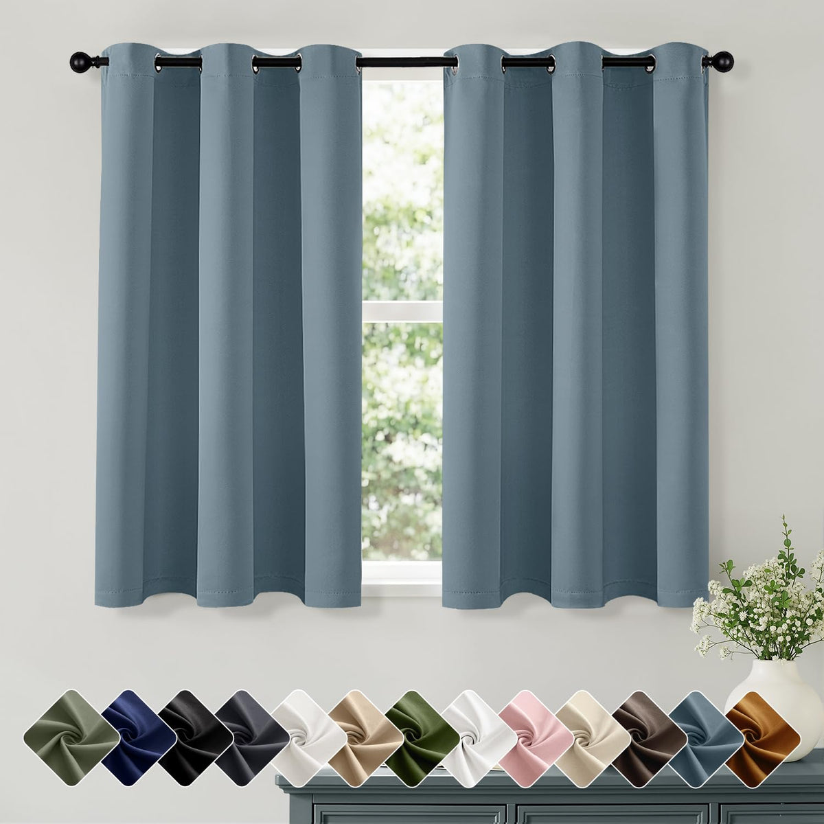 Short Navy Blue Blackout Kitchen Curtain W40 x L45 Inch 2 Panels