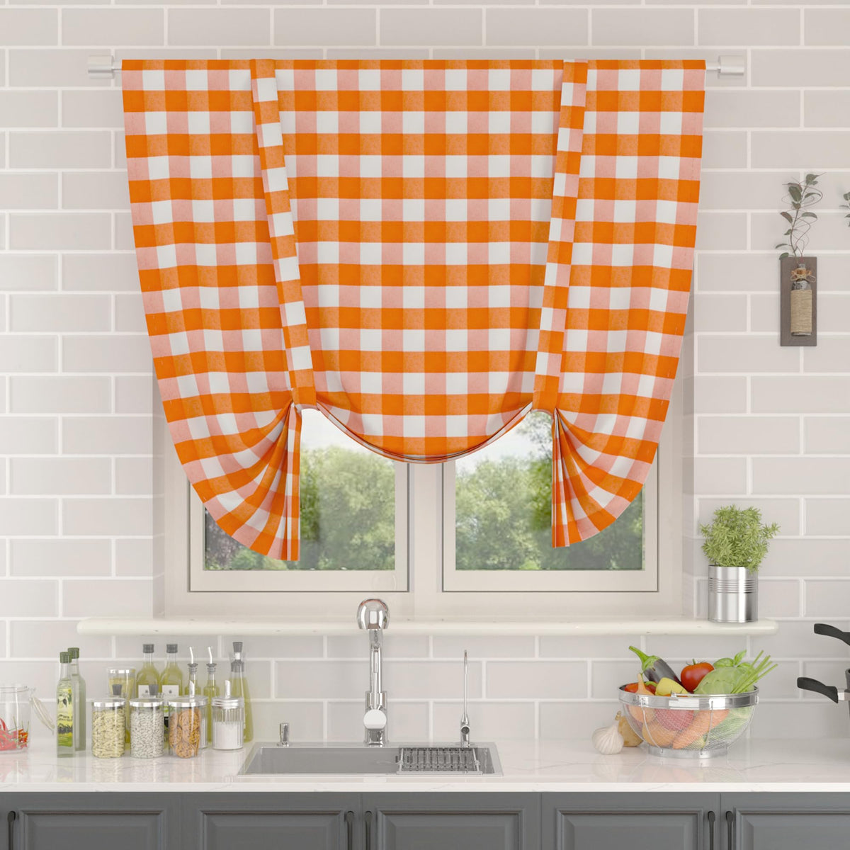 Buffalo Check Kitchen Tier Curtain 24 inches Long Plaid Gingham Rod Pocket Classic Cafe Curtains Country Farmhouse Kitchen Half Window Curtains 2 Panels Beige & White