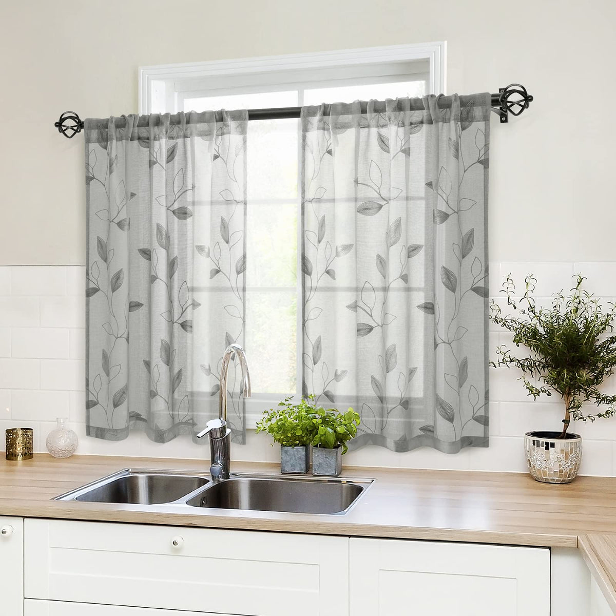 HOMEIDEAS Sage Green Kitchen Tier Curtains Leaf Embroidered, 30x36, 2 Panel