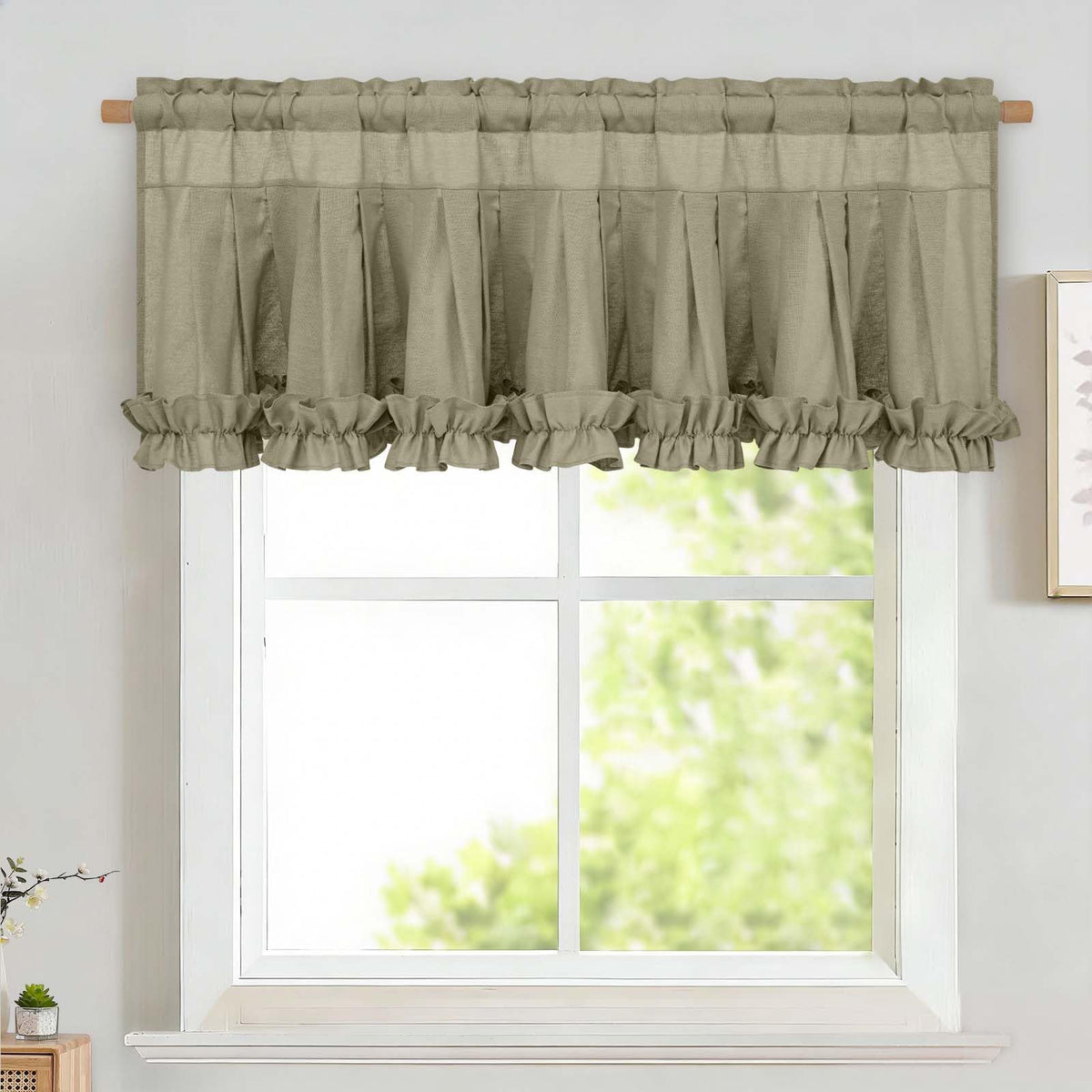 Likiyol Linen Valances for Windows Farmhouse Ruffle Swag Valance Rustic Country Window Valances Light Filtering Kitchen Curtains Rod Pocket Valance Curtains for Bathroom Cafe, Green, 60" W x 36" L