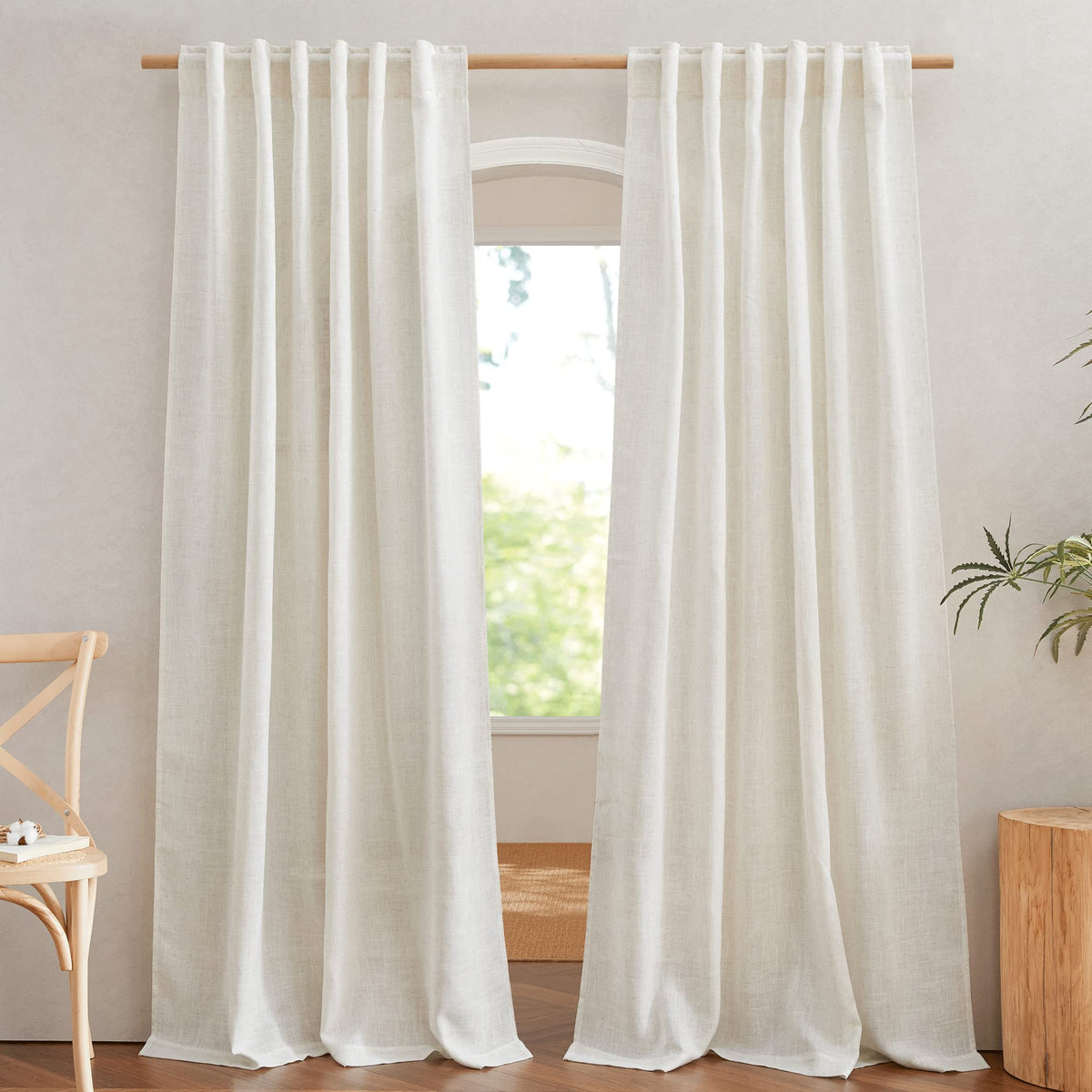 NICETOWN Natural Linen Kitchen Curtains 26 inches Long, Rod Pocket & Back Tab Semi Sheer Flax Window Treatments Rustic & Cute for Cafe/Kids Room, W37 x L26, 2 Panels