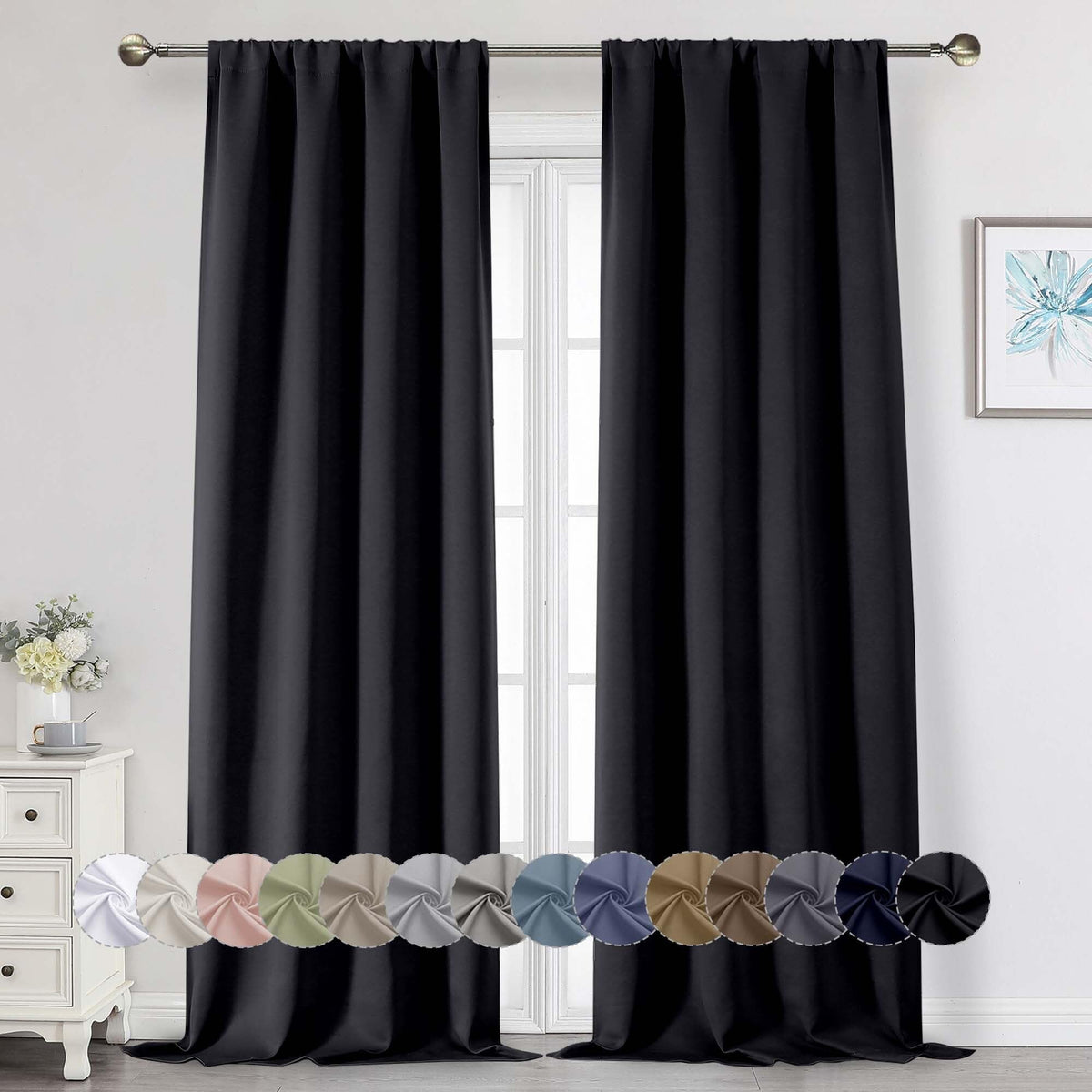 Black Cafe Blackout Curtains 36 Inch Length 2 Panels Set, Soft Solid Thermal Insulated Room Darkening Small Window Curtains for Kitchen Bathroom Basement, Black, Each, 40" Wx36 L