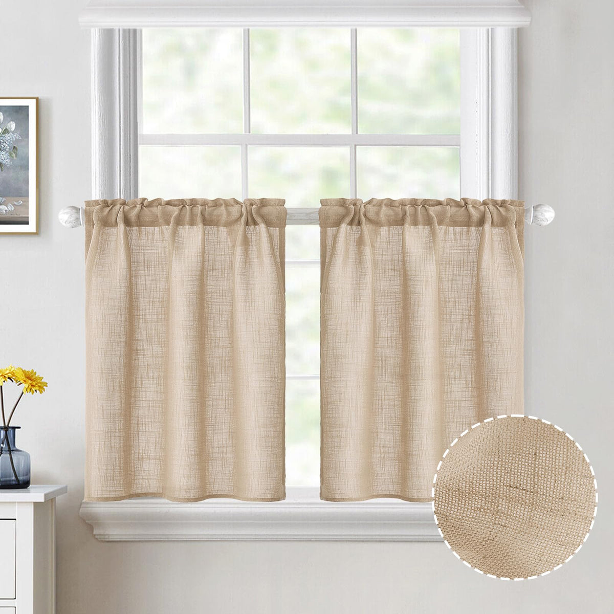 MIULEE Spring Linen Textured Kitchen Window Curtains over Sink 24 Inch Length Semi Sheer Farmhouse Small Curtains for Cafe Bathroom Basement, Short Rod Pocket Tier Curtains 2 Panels W26XL24 Sage Green