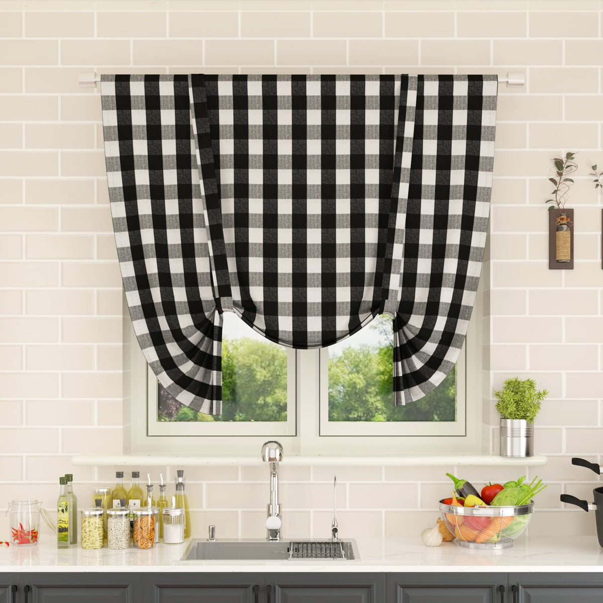 Buffalo Check Kitchen Tier Curtain 24 inches Long Plaid Gingham Rod Pocket Classic Cafe Curtains Country Farmhouse Kitchen Half Window Curtains 2 Panels Beige & White