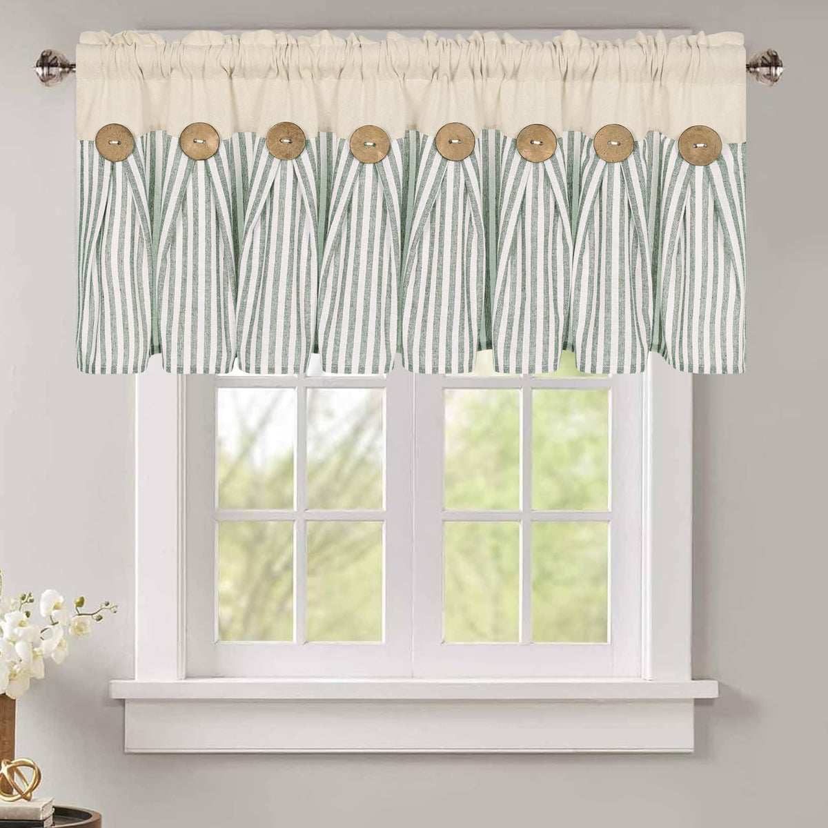 ASPMIZ Cotton Linen Kitchen Valance Curtains, Boho Rustic Button Linen Valances for Windows Farmhouse, Black with Grey Stripe Valance Window Topper Treatment Window Valances for Bathroom, 52 x 18 Inch