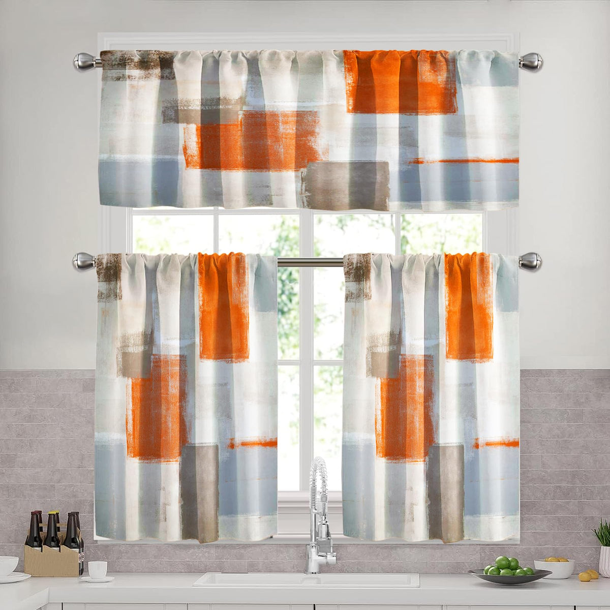 Blue Brown Kitchen Curtains Set, 3 Piece 52x36 Inch Valance & Tier Curtains