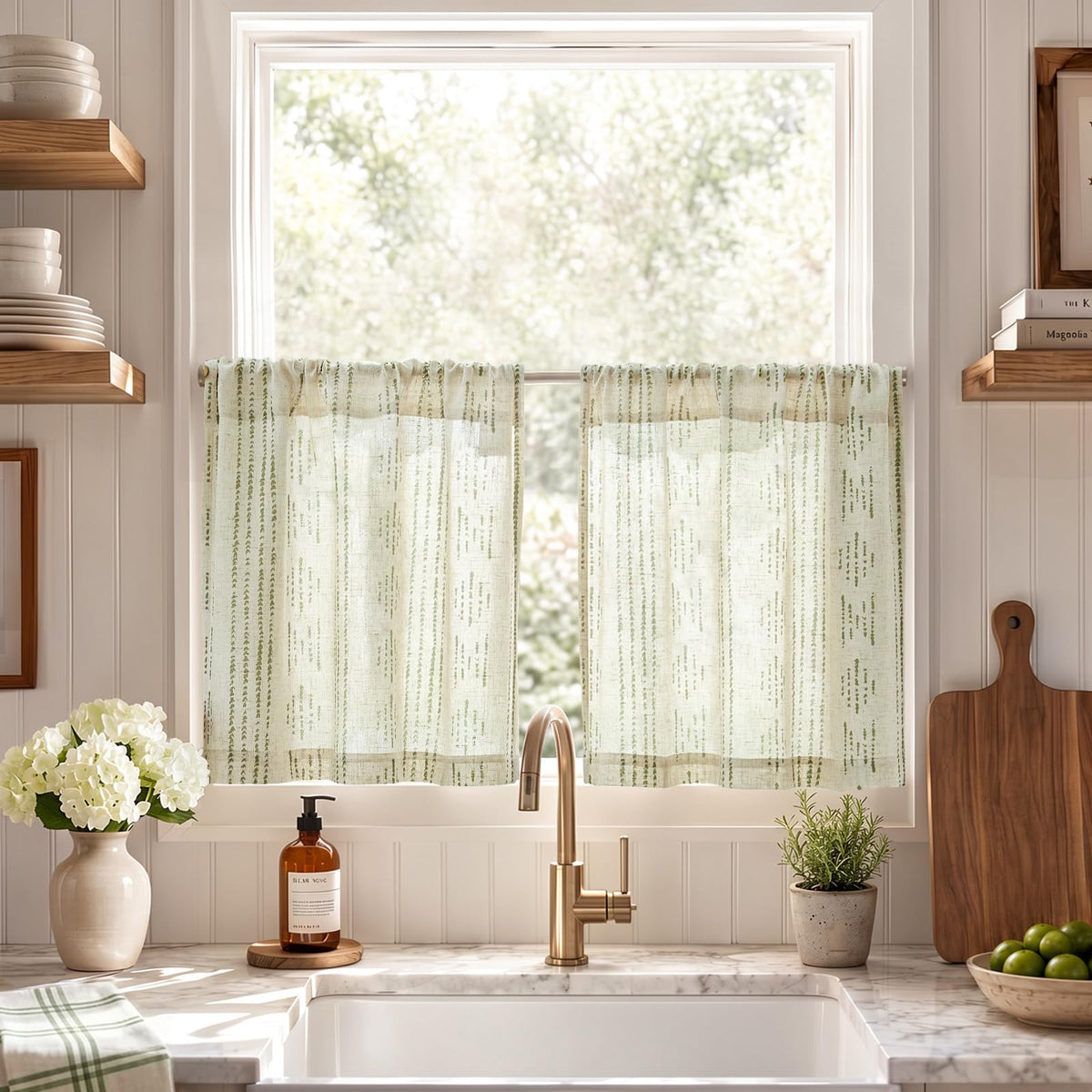 jinchan Linen Striped Tier Curtains for Kitchen Windows Farmhouse