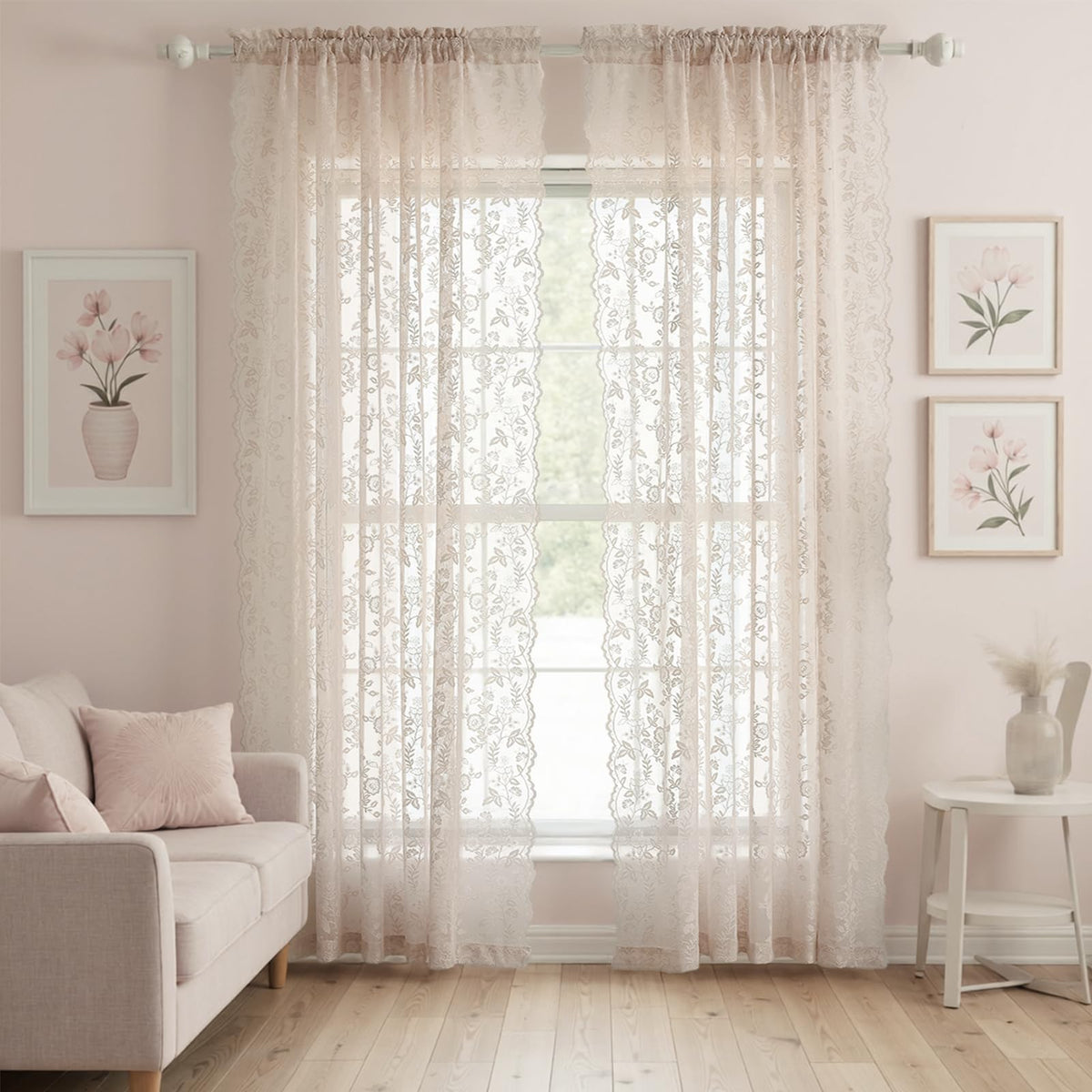 FINECITY Short Beige Lace Curtains Rustic Leaf Floral W42xL36 Inch 2 Panels