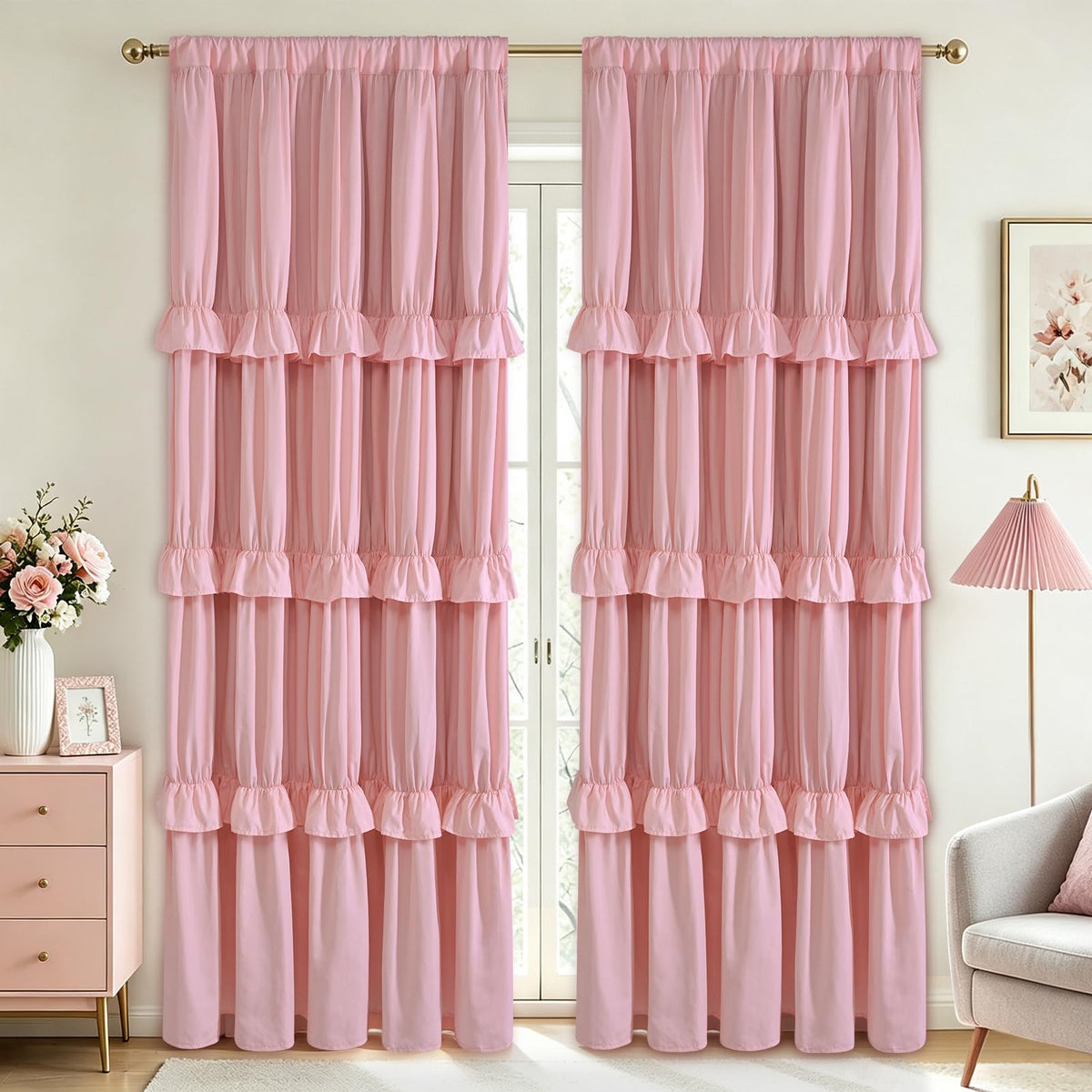Yinhua Pink Kitchen Curtains 36 Inch Length Ruffle Blackout Cafe Curtains, Farmhouse Rustic Kitchen Window Curtain Rod Pocket Short Tier Curtain for Windows, 26" W x 36" L, 2 Panels