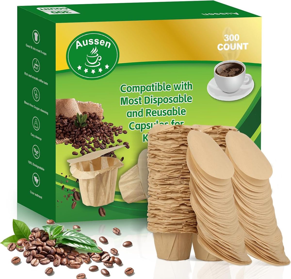Aussen Disposable Coffee Paper Filters, Fits All Reusable K-Cup Coffee Pods