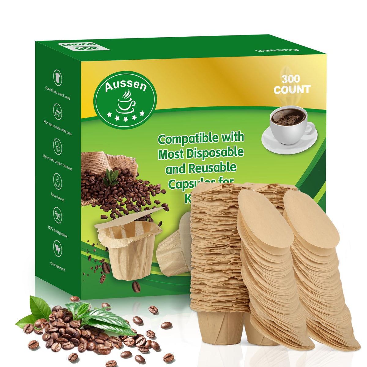 Aussen Disposable Coffee Paper Filters, Fits All Reusable K-Cup Coffee Pods