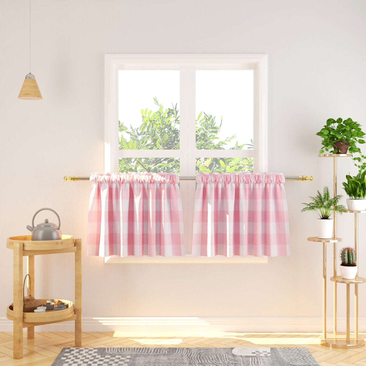 Buffalo Check Kitchen Tier Curtain 24 inches Long Plaid Gingham Rod Pocket Classic Cafe Curtains Country Farmhouse Kitchen Half Window Curtains 2 Panels Beige & White