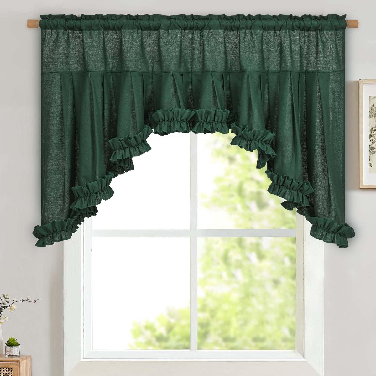 Likiyol Linen Valances for Windows Farmhouse Ruffle Swag Valance Rustic Country Window Valances Light Filtering Kitchen Curtains Rod Pocket Valance Curtains for Bathroom Cafe, Green, 60" W x 36" L