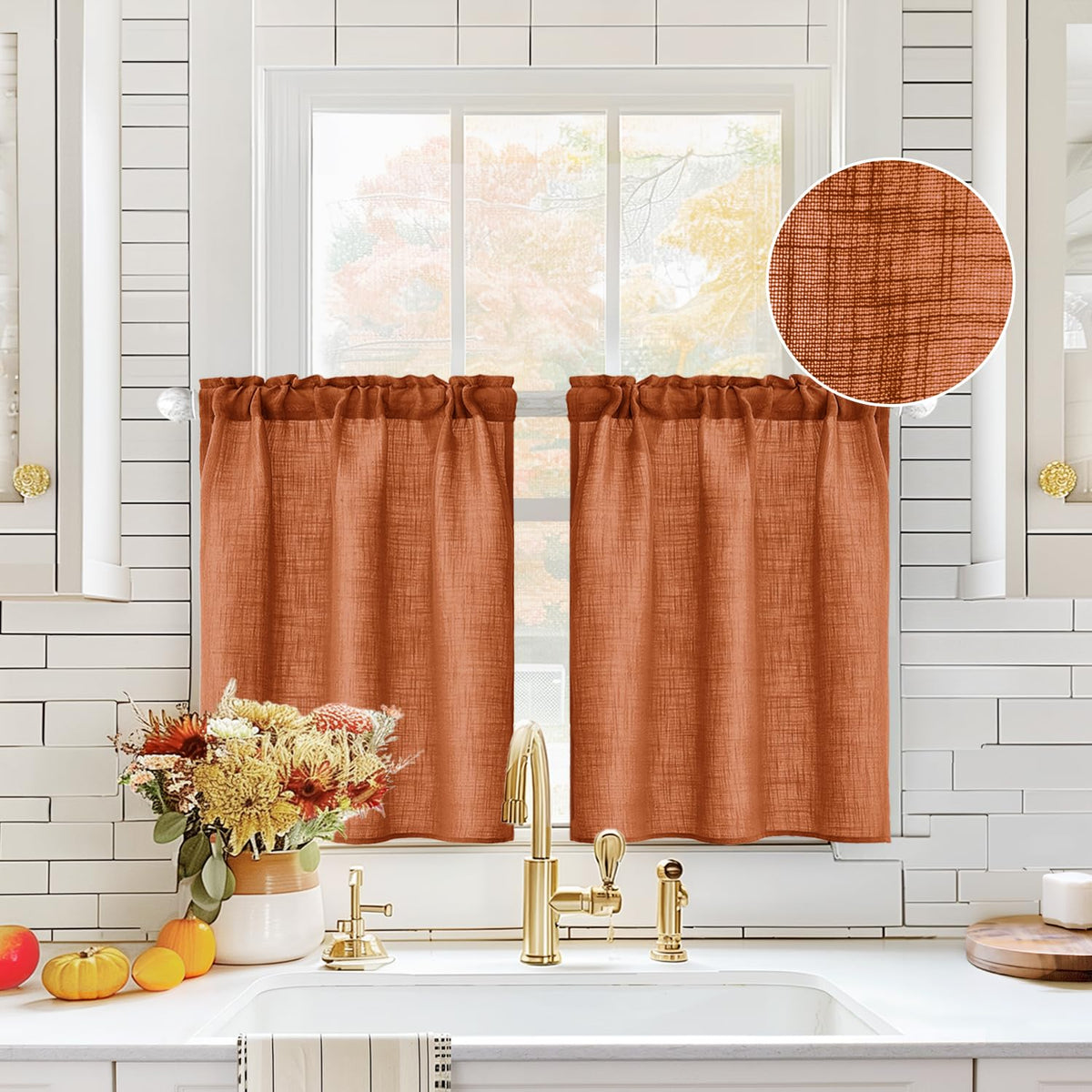 MIULEE Spring Linen Textured Kitchen Window Curtains over Sink 24 Inch Length Semi Sheer Farmhouse Small Curtains for Cafe Bathroom Basement, Short Rod Pocket Tier Curtains 2 Panels W26XL24 Sage Green