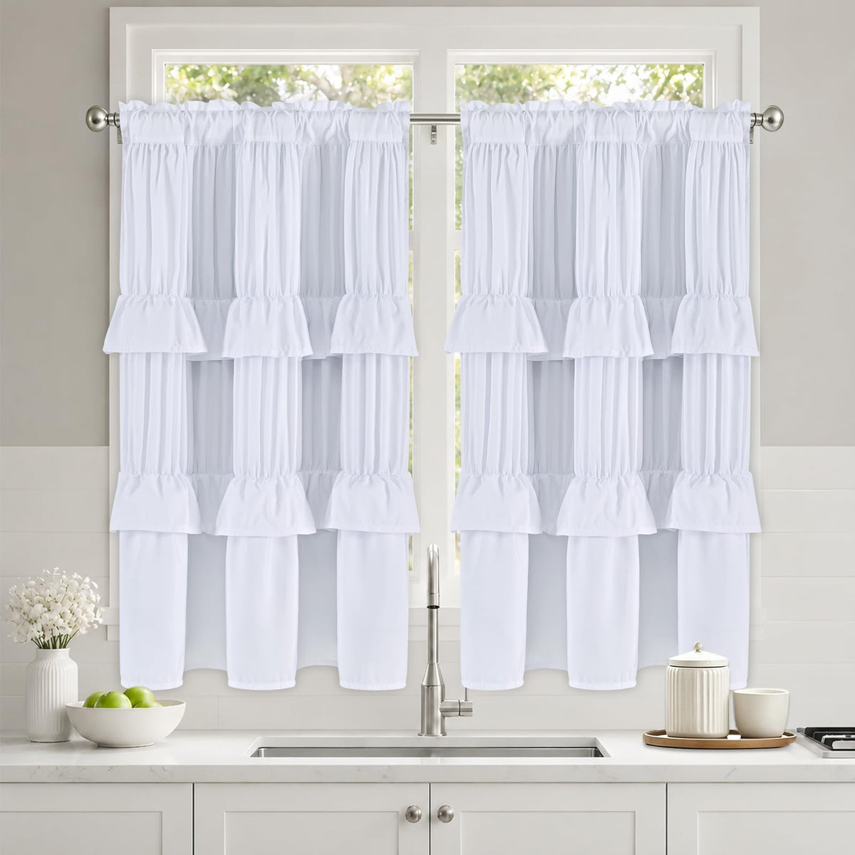Yinhua Pink Kitchen Curtains 36 Inch Length Ruffle Blackout Cafe Curtains, Farmhouse Rustic Kitchen Window Curtain Rod Pocket Short Tier Curtain for Windows, 26" W x 36" L, 2 Panels