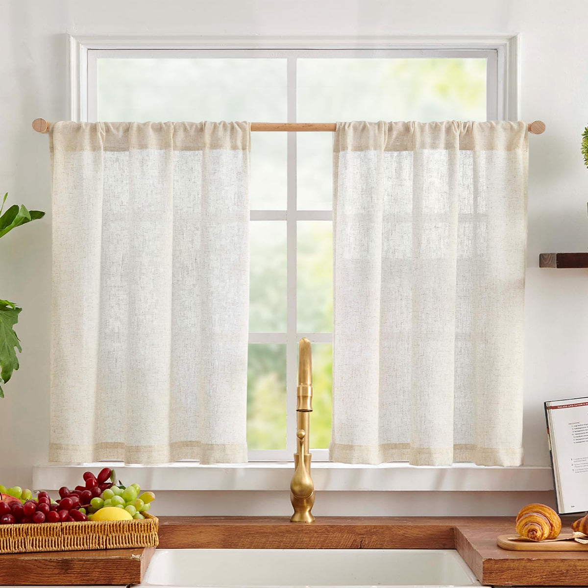 jinchan Hattie Floral Linen Kitchen Tier Curtains Beige 30 in 2 Panels