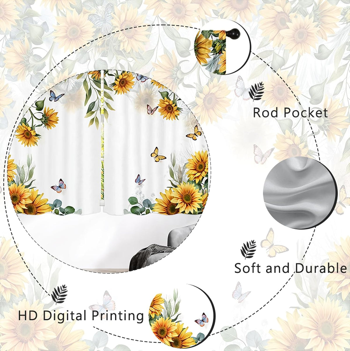 Yellow Sunflower Kitchen Curtains 42W X 63L Inch 2 Panels Rod Pocket Country Rustic Floral Flower Butterfly Farmhouse Over Sink Small Short Cafe Tier Window Treatment Bathroom Decor
