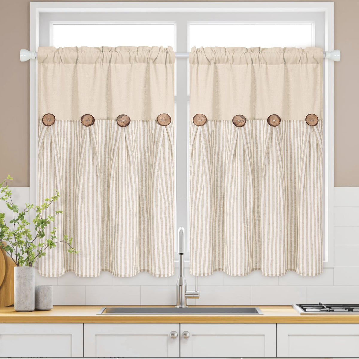 ASPMIZ Cotton Linen Kitchen Valance Curtains, Boho Rustic Button Linen Valances for Windows Farmhouse, Black with Grey Stripe Valance Window Topper Treatment Window Valances for Bathroom, 52 x 18 Inch