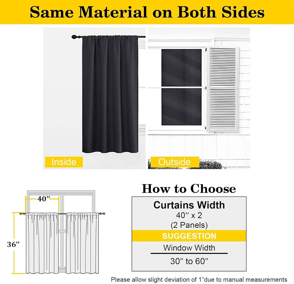 Black Cafe Blackout Curtains 36 Inch Length 2 Panels Set, Soft Solid Thermal Insulated Room Darkening Small Window Curtains for Kitchen Bathroom Basement, Black, Each, 40" Wx36 L