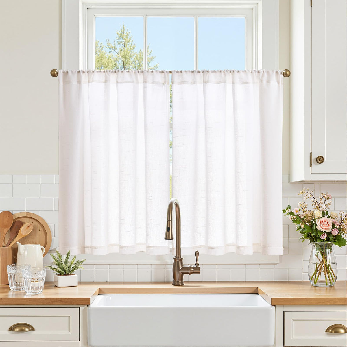 jinchan Linen Pinch Pleated Back Tab Tier Curtains, 26x36, Natural