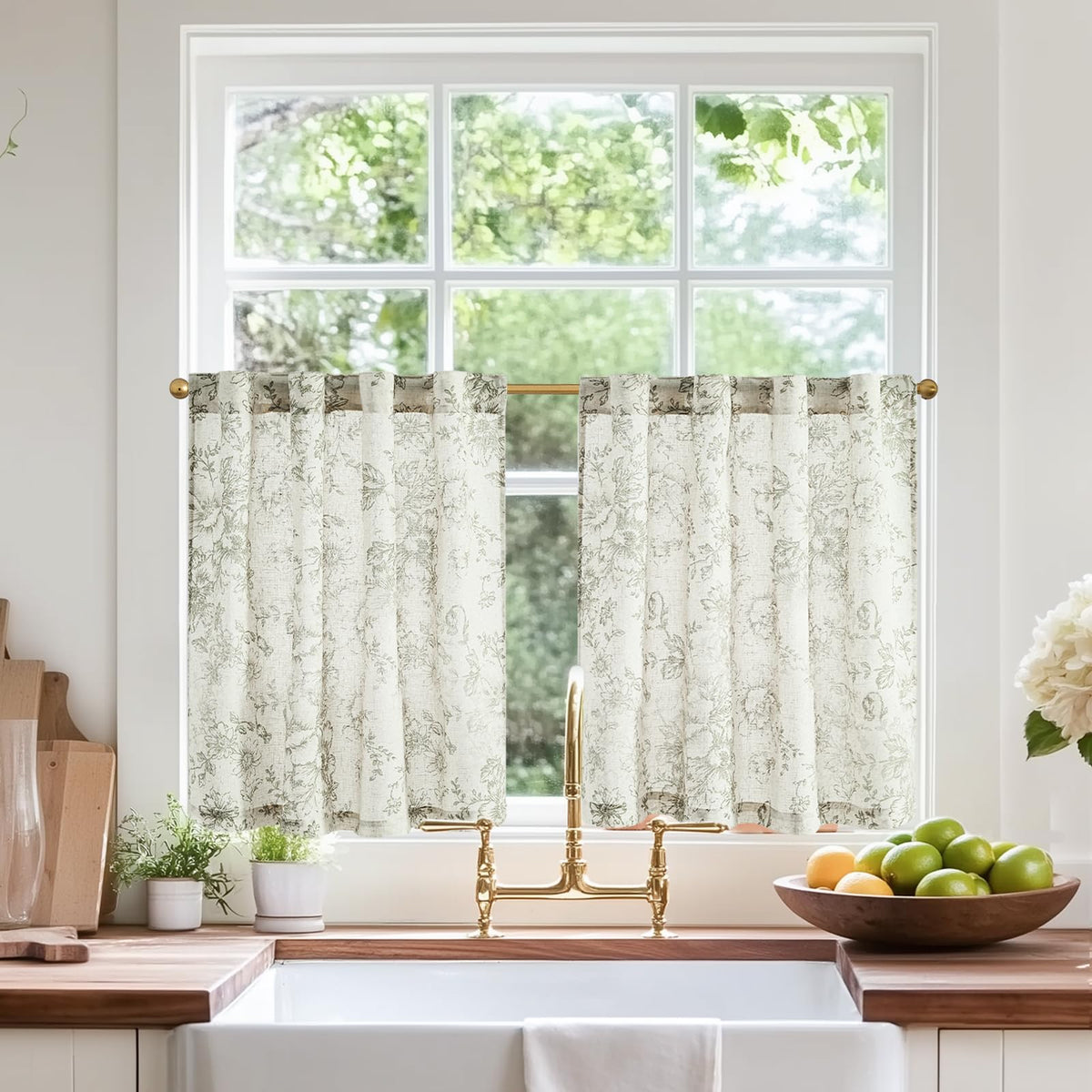 jinchan Hattie Floral Linen Kitchen Tier Curtains Beige 30 in 2 Panels