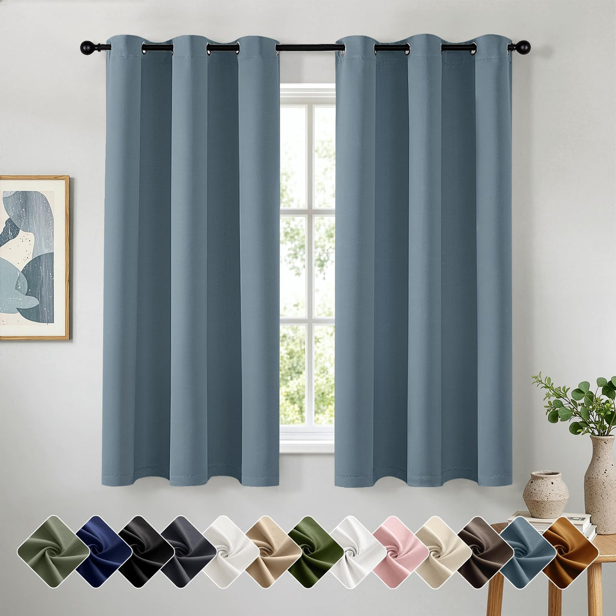 Short Navy Blue Blackout Kitchen Curtain W40 x L45 Inch 2 Panels