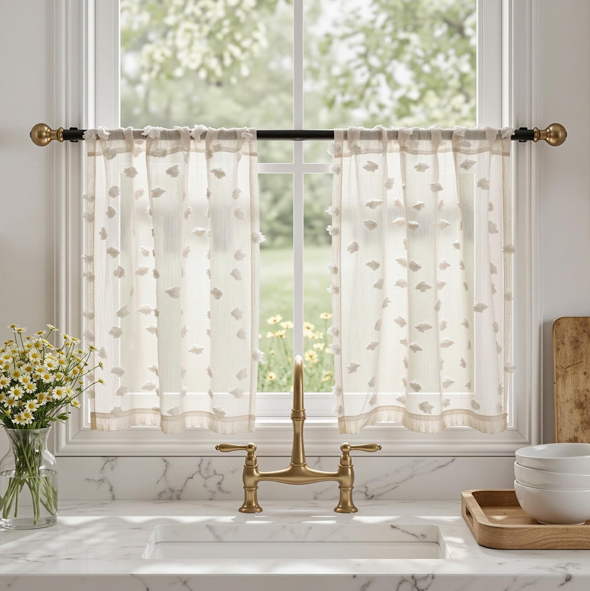 MYSKY HOME White Sheer Curtains 36 inch Length for Small Window,2 Panels