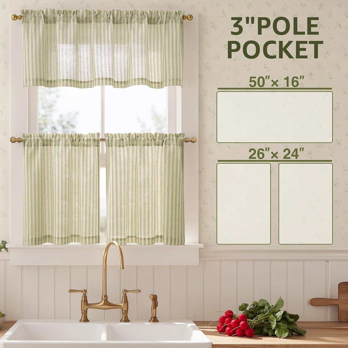 jinchan Sage Green Linen Kitchen Curtains and Valance Set Rod Pocket