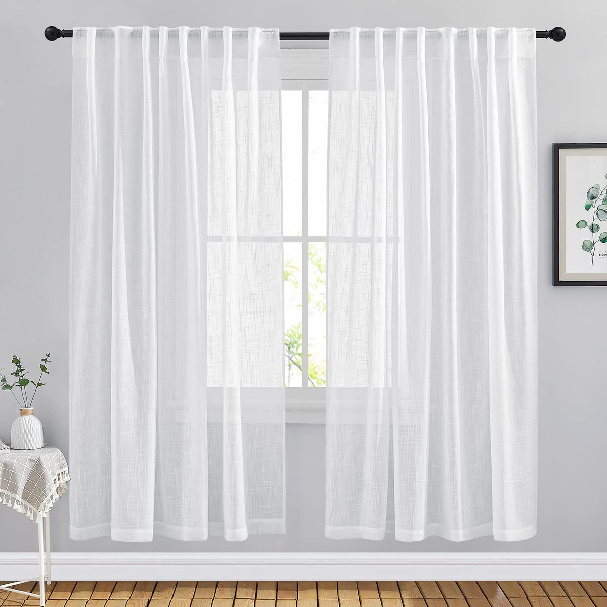 NICETOWN Natural Linen Kitchen Curtains 26 inches Long, Rod Pocket & Back Tab Semi Sheer Flax Window Treatments Rustic & Cute for Cafe/Kids Room, W37 x L26, 2 Panels