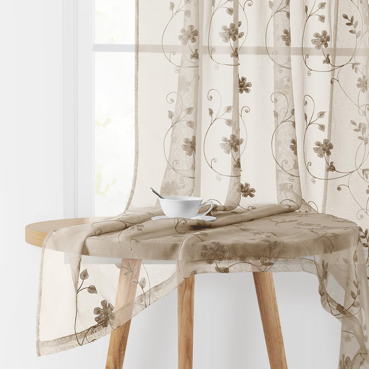 HOMEIDEAS Sage Green Kitchen Tier Curtains Leaf Embroidered, 30x36, 2 Panel