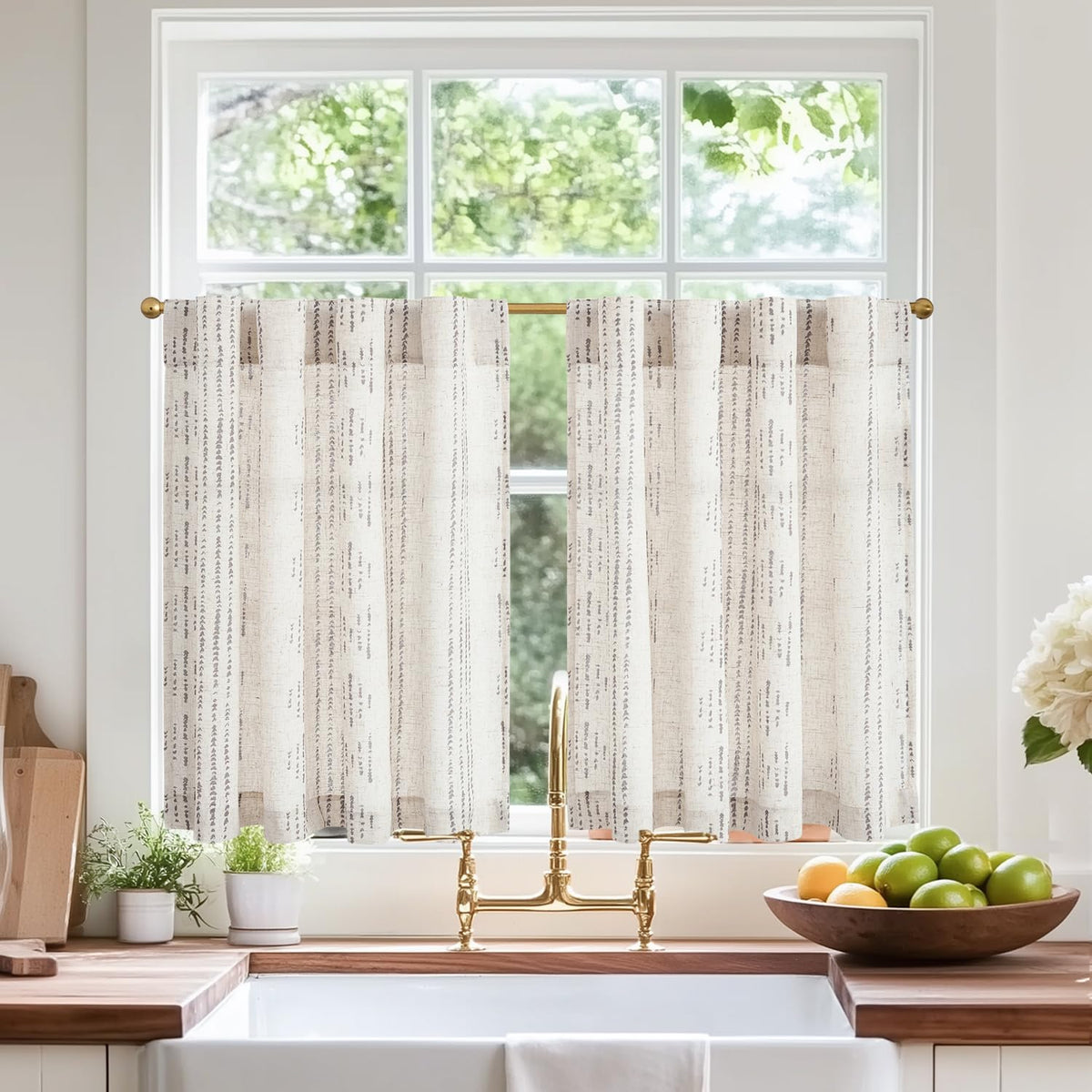 jinchan Linen Striped Tier Curtains for Kitchen Windows Farmhouse