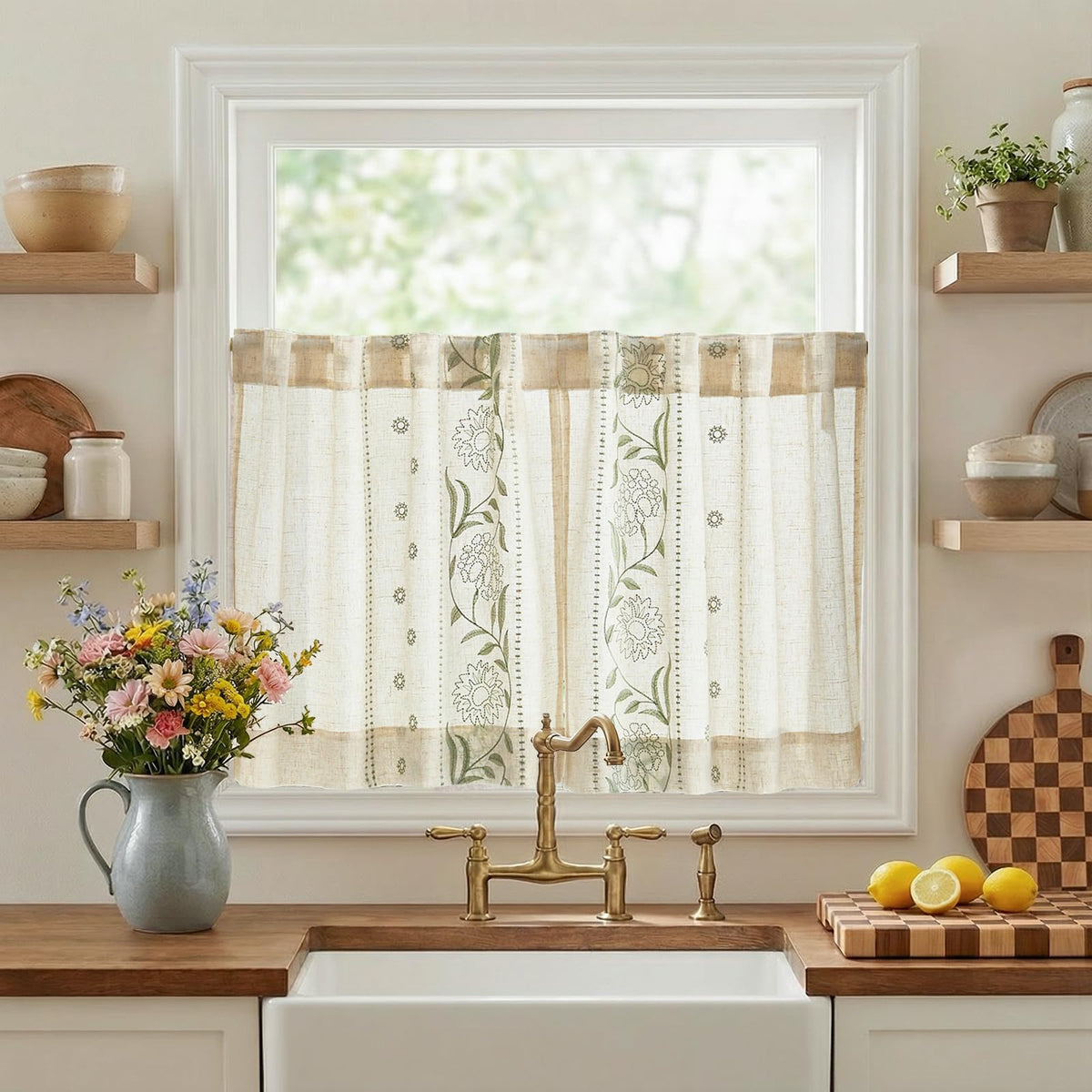 jinchan Beige Floral Linen Kitchen Tier Curtains 36 Inch, 2 Panels