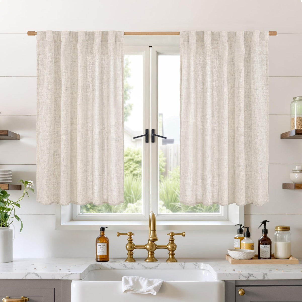 BGment White Linen Kitchen Curtains 40 Inch Length for Short Window