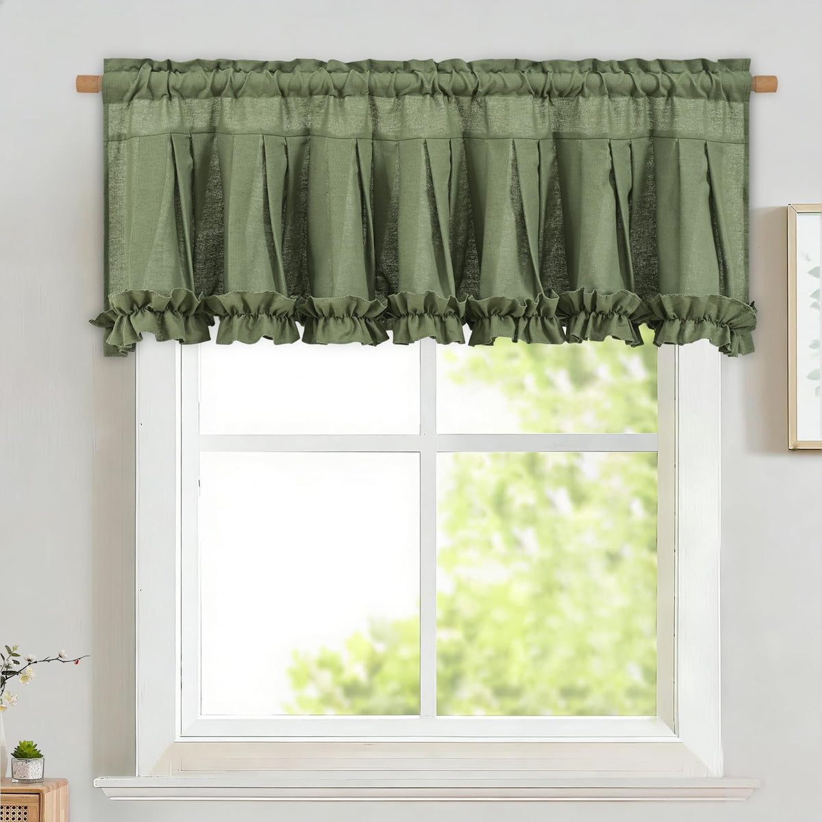 Likiyol Linen Valances for Windows Farmhouse Ruffle Swag Valance Rustic Country Window Valances Light Filtering Kitchen Curtains Rod Pocket Valance Curtains for Bathroom Cafe, Green, 60" W x 36" L
