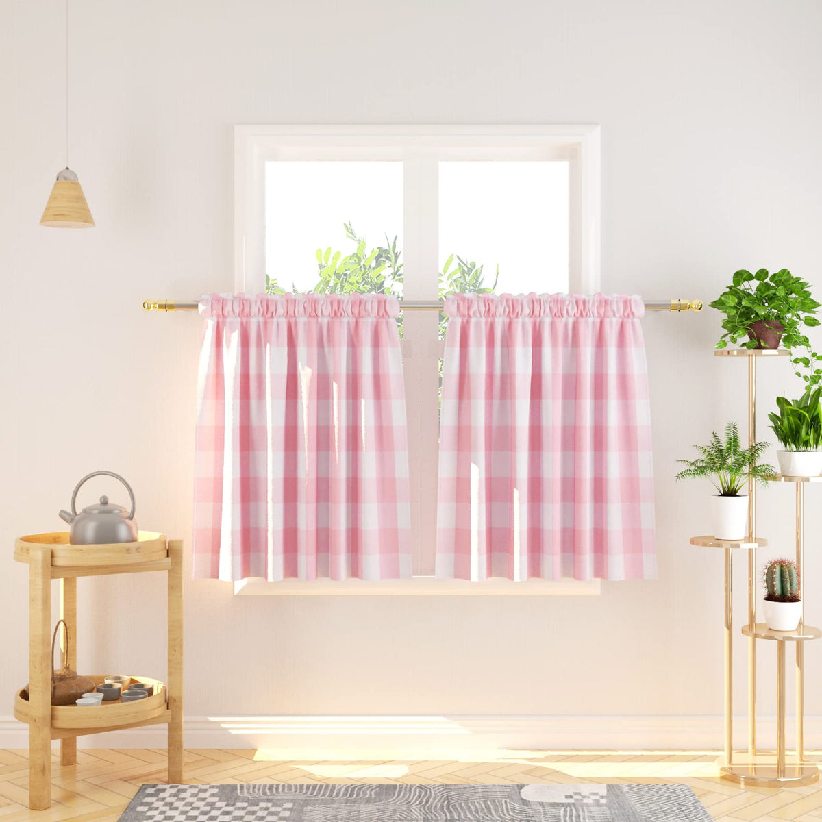 Buffalo Check Kitchen Tier Curtain 24 inches Long Plaid Gingham Rod Pocket Classic Cafe Curtains Country Farmhouse Kitchen Half Window Curtains 2 Panels Beige & White