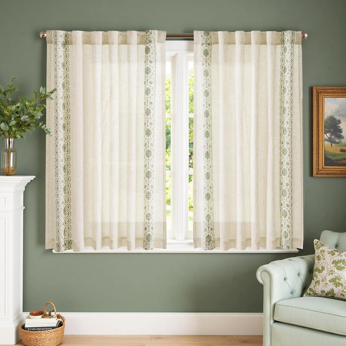 jinchan Sage Floral Linen Kitchen Tier Curtains Back Tab 54×45 2 Panels