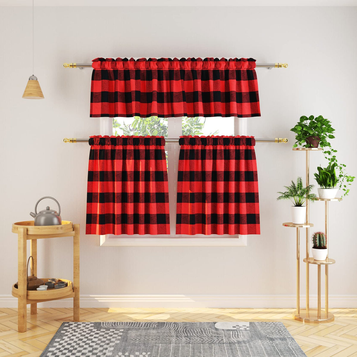 3 Pieces Tier Curtains and Valance Set Buffalo Check Kitchen Tiers Plaid Gingham Rod Pocket Classic Short Small Cafe Curtains Country Farmhouse Cafe Bathroom 54"x18"/27"x24" Brown & White