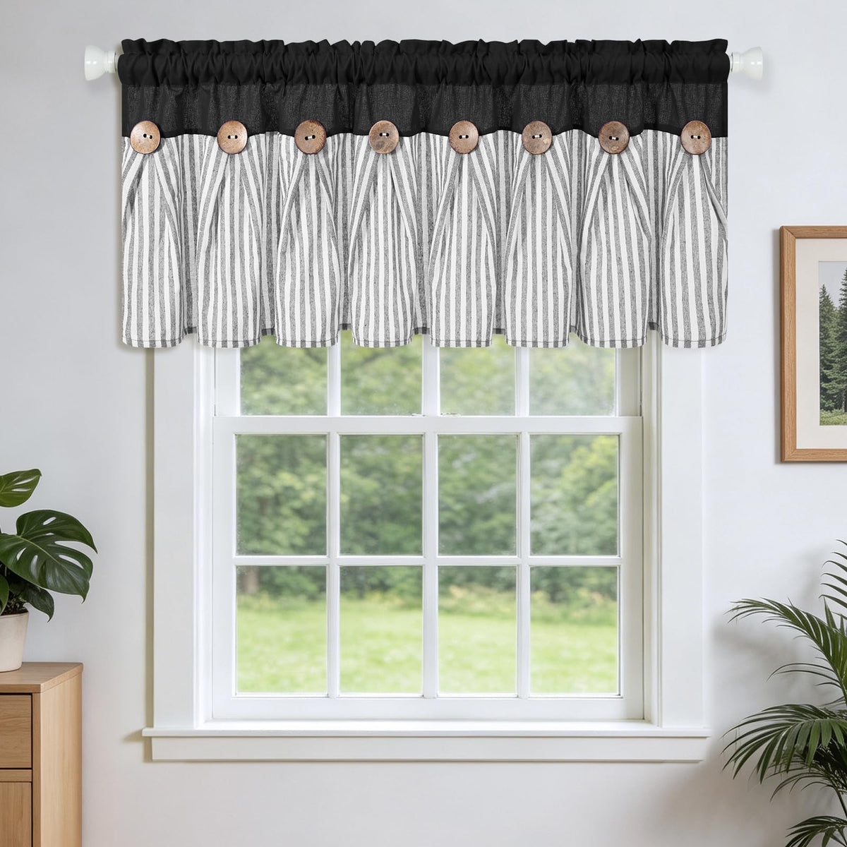 BLEUM CADE Farmhouse Kitchen Curtains 36 Inch, Cotton Linen Cafe Curtains with Rustic Buttons, Boho Small Window Curtains for Bathroom, Green Stripe Half Window Drapes Over Sink, 2 Panels